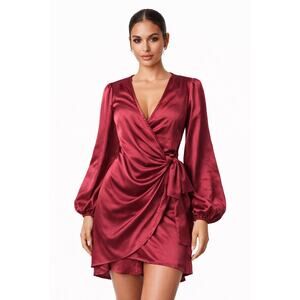 Dress Day Crossover Satin-Feel Dress‎ Bubble Sleeve Size Large Tie-Waist Women's